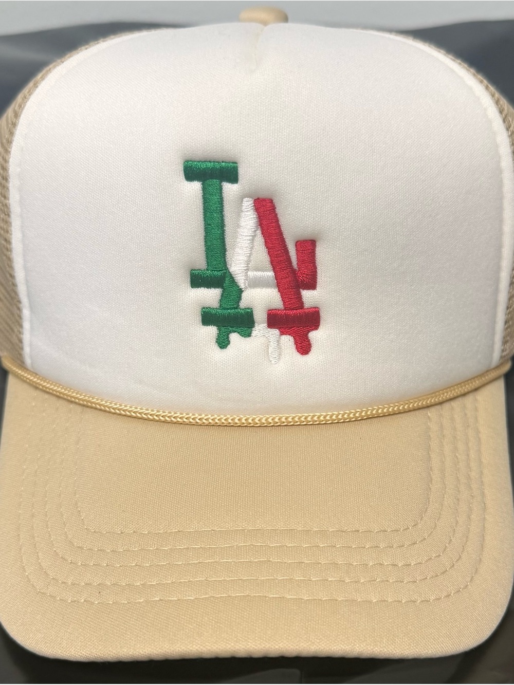 LA Trucker Hat with Green, White & Red Embroidered Logo